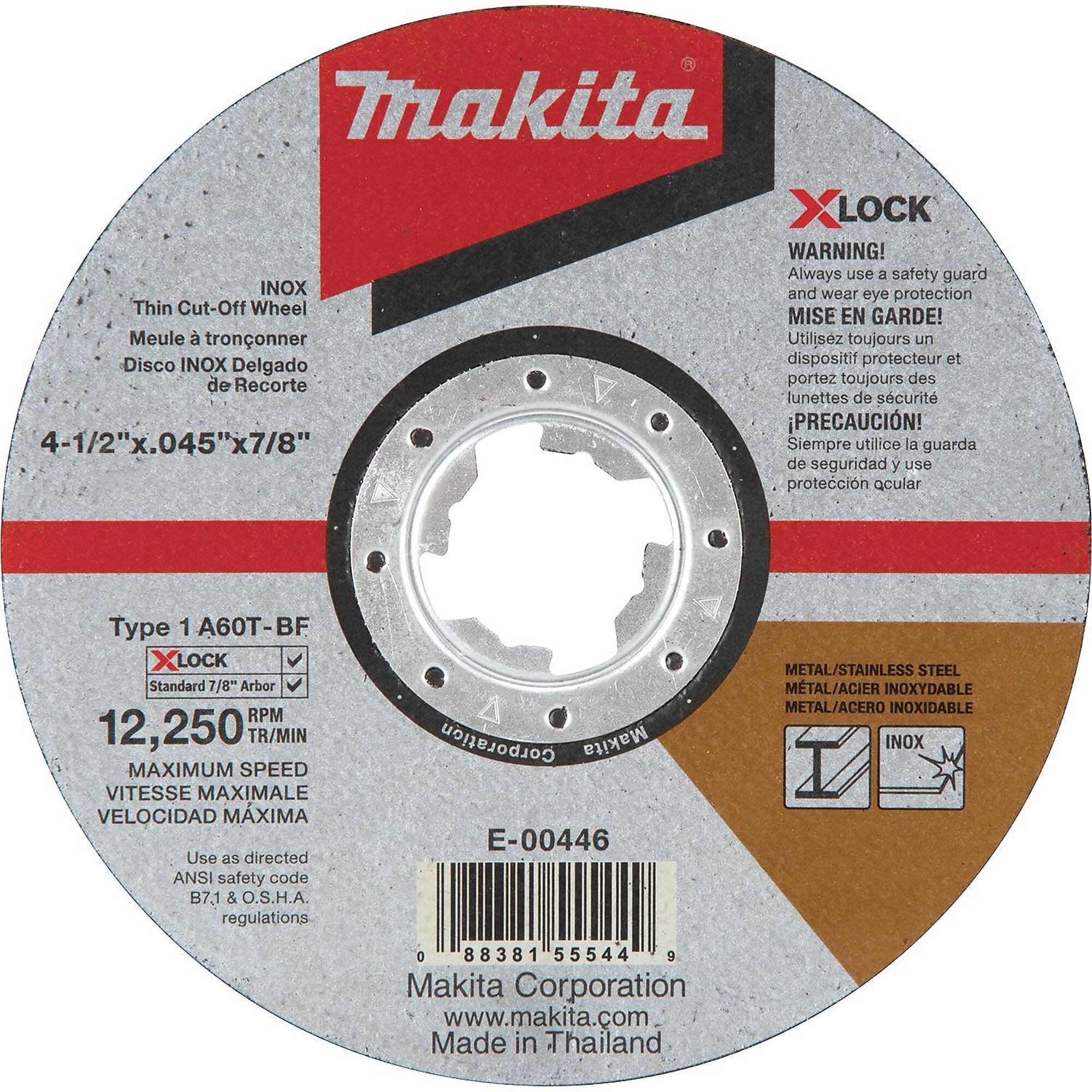 Makita® X-Lock 4-1/2" X .045" X 7/8" Metal & Stainless Thin Cut-Off Wheel, 60 Grit, Model# E-00446